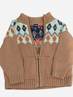Old Navy Tan Zip-Up Sweater with Mint & Orange Fair Isle Yoke